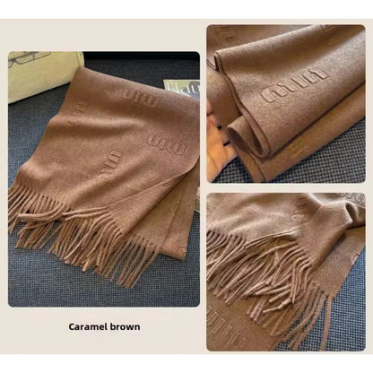 Women & Men Wool Scarf Embossed Simple Warm Muffler Cashmere Thick Fringed Shawl Women Woollen