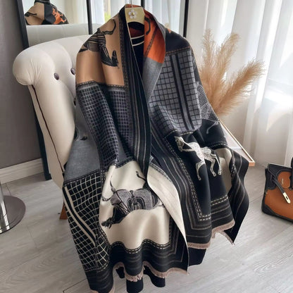 Luxury Women Limited Edition Horse Design Cashmere Touch Scarf - Warm Fringe Shawl