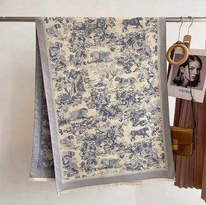 Luxury Women Floral Cashmere Touch Flower Scarf - Warm Fringe Shawl