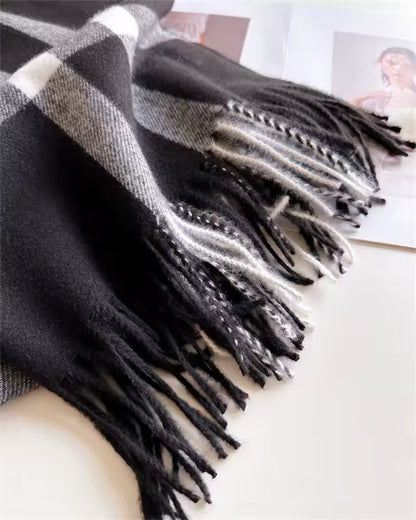 Men & Women Checked Pattern Cashmere Touch Scarf - Warm Fringe Shawl