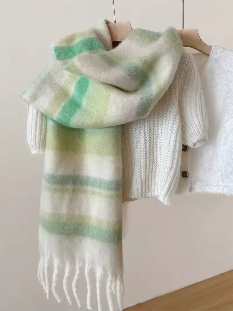 Women & Men Wool Scarf Winter High-End Autumn Winter Versatile Mohair Thickened Striped Meridian Shawl Women Woollen