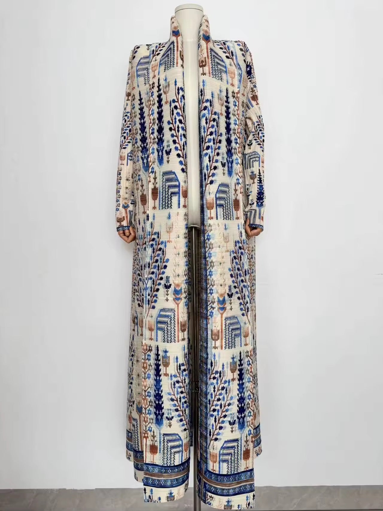 Women Split Abaya Vintage Printed Design Lapel Long Sleeved Open Front Cardigan Loose Big Collar