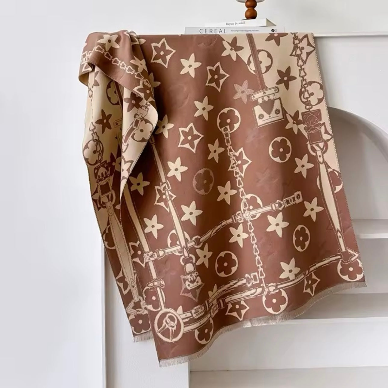 Luxury Women Floral Cashmere Touch Flower Scarf - Warm Fringe Shawl