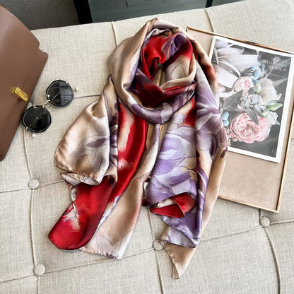 Satin Shawls Autumn Colour Print Luxury Silk Scarf Scarves Women Silk Satin