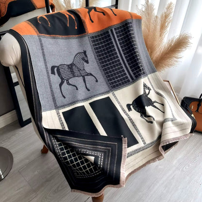 Luxury Women Limited Edition Horse Design Cashmere Touch Scarf - Warm Fringe Shawl