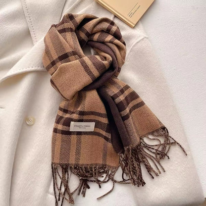 Men & Women Checked Pattern Cashmere Touch Scarf - Warm Fringe Shawl