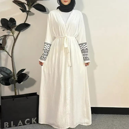 Open Front Women Split Abaya Long Sleeve Cardigan Tassel Embroidery Out Kaftans Open Front