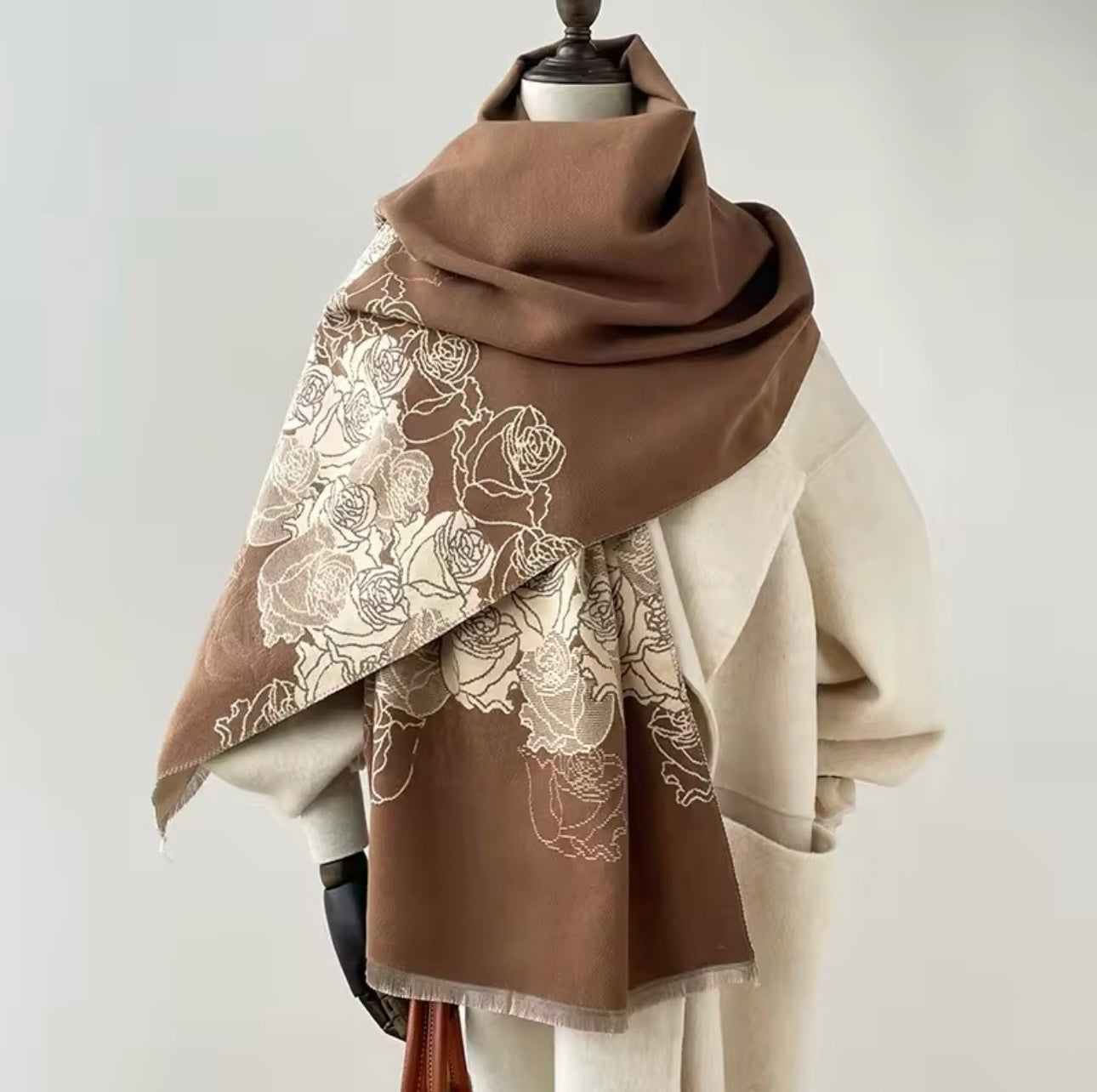 Luxury Women Floral Cashmere Touch Flower Scarf - Warm Fringe Shawl