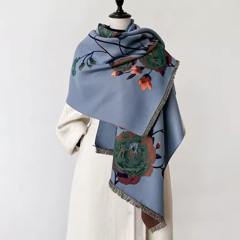 Luxury Women Floral Cashmere Touch Flower Scarf - Warm Fringe Shawl