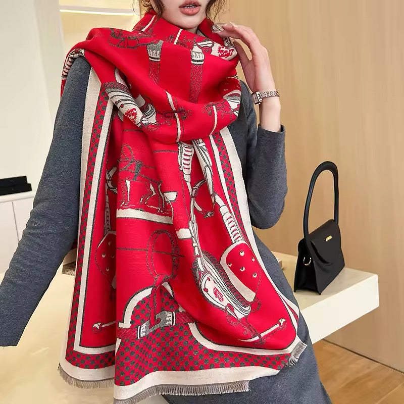 Luxury Women Limited Edition Horse Design Cashmere Touch Scarf - Warm Fringe Shawl