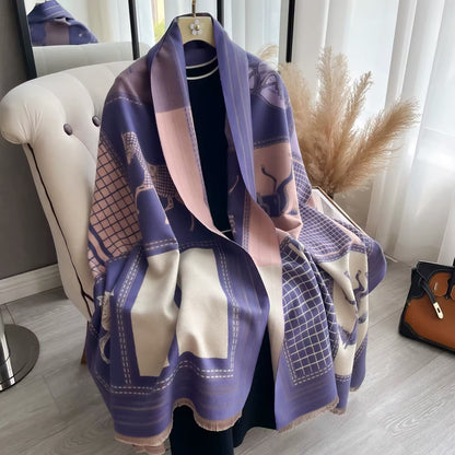 Luxury Women Limited Edition Horse Design Cashmere Touch Scarf - Warm Fringe Shawl