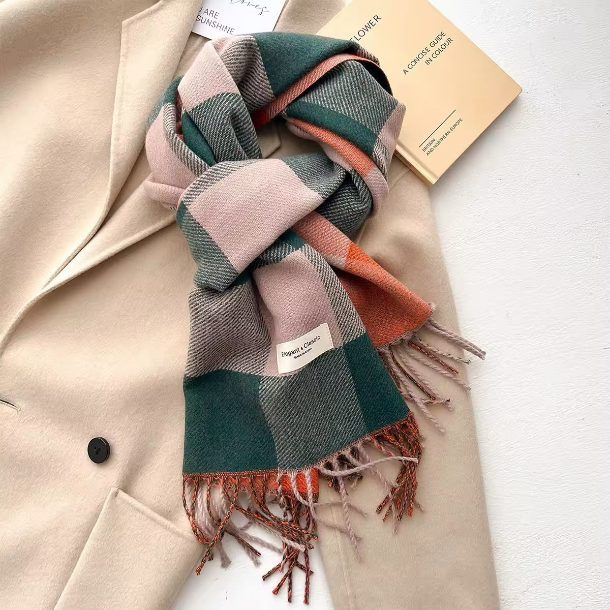 Men & Women Checked Pattern Cashmere Touch Scarf - Warm Fringe Shawl