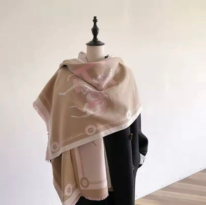 Luxury Women Limited Edition Horse Design Cashmere Touch Scarf - Warm Fringe Shawl