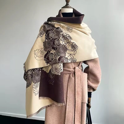 Luxury Women Floral Cashmere Touch Flower Scarf - Warm Fringe Shawl