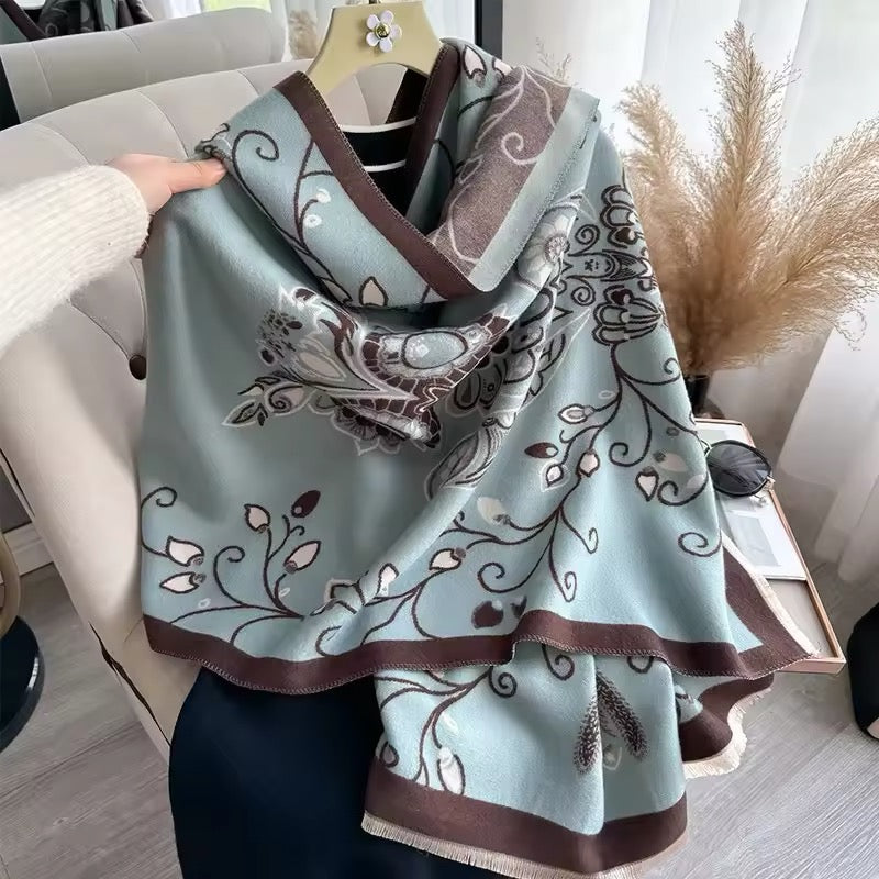 Luxury Women Floral Cashmere Touch Flower Scarf - Warm Fringe Shawl
