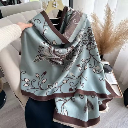 Luxury Women Floral Cashmere Touch Flower Scarf - Warm Fringe Shawl