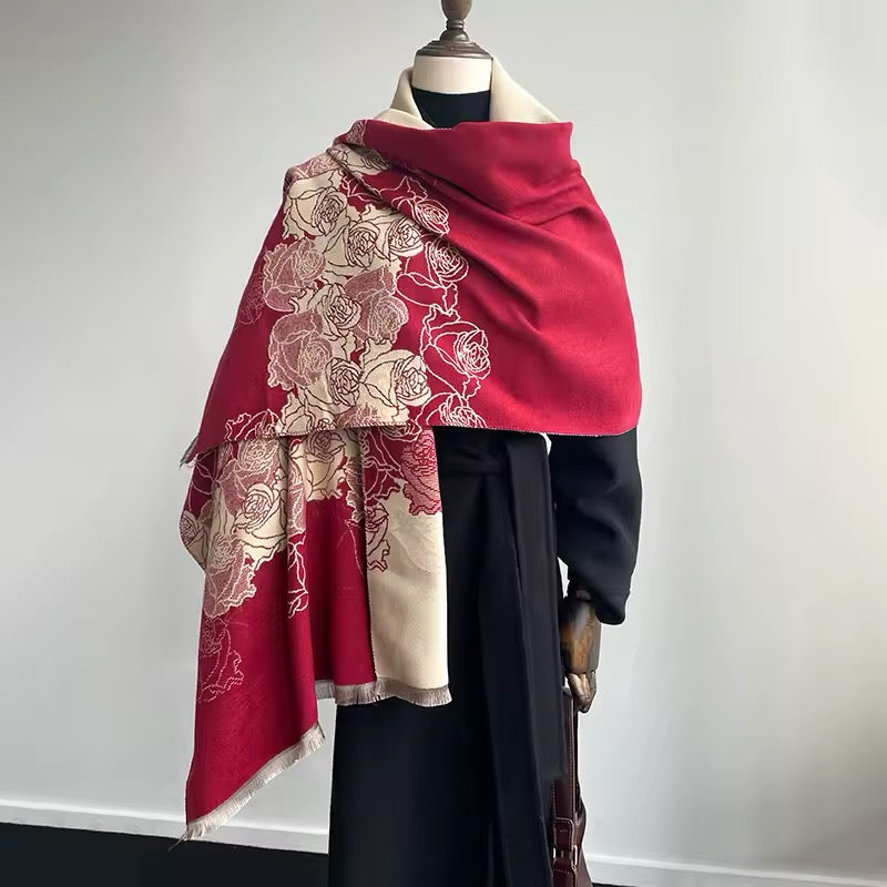 Luxury Women Floral Cashmere Touch Flower Scarf - Warm Fringe Shawl
