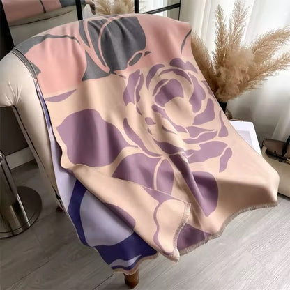 Luxury Women Floral Cashmere Touch Flower Scarf - Warm Fringe Shawl