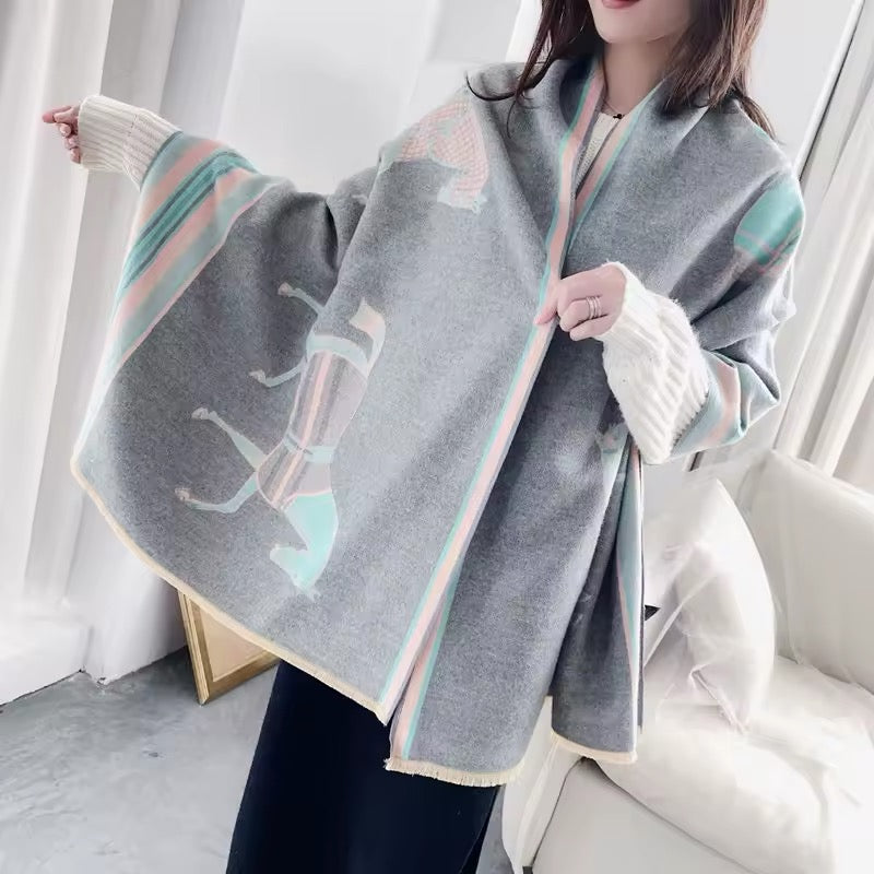 Luxury Women Limited Edition Horse Design Cashmere Touch Scarf - Warm Fringe Shawl