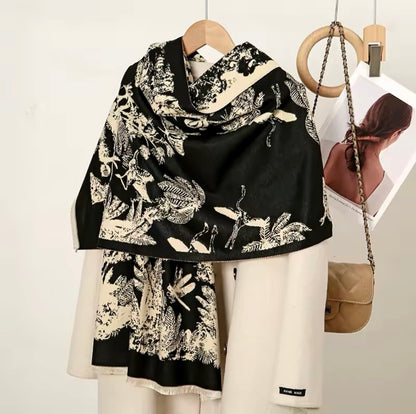 Luxury Women Floral Cashmere Touch Flower Scarf - Warm Fringe Shawl