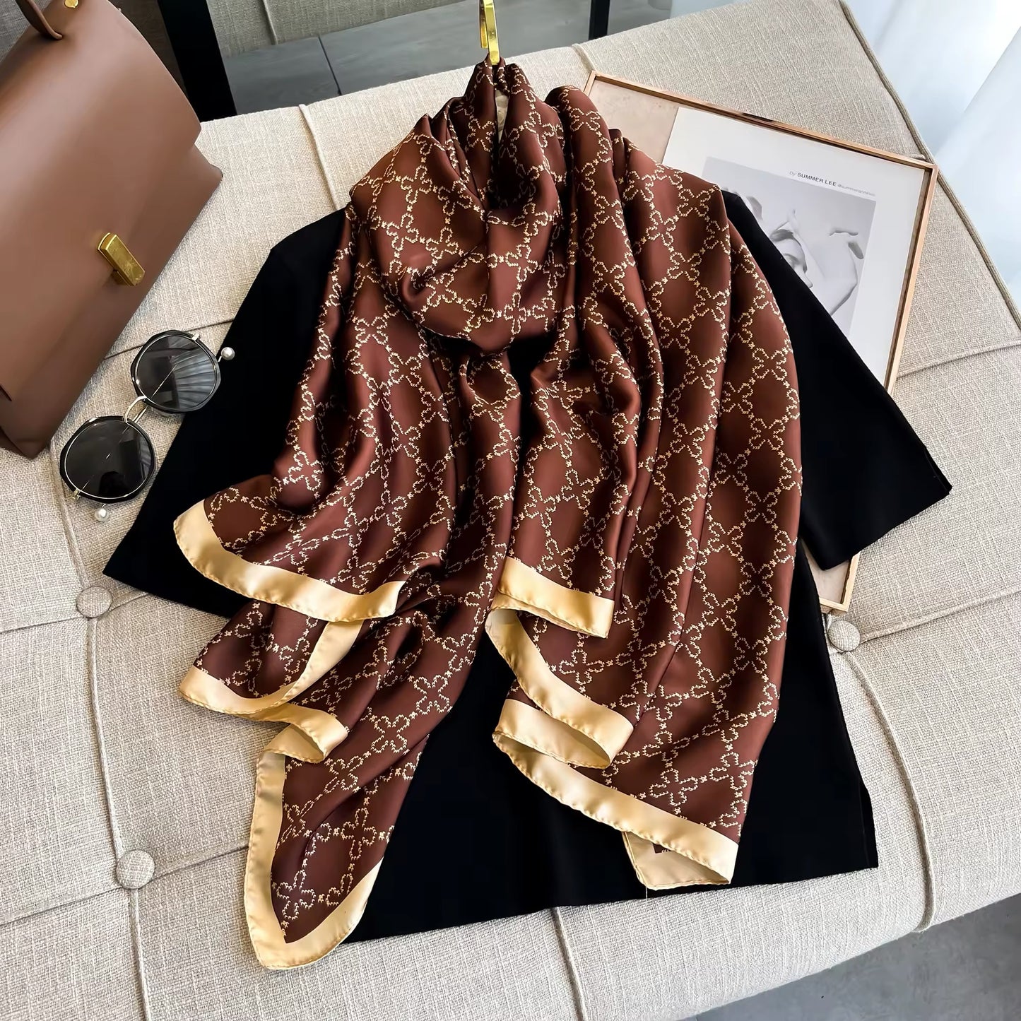 Satin Shawls Autumn Colour Print Luxury Silk Scarf Scarves Women Silk Satin