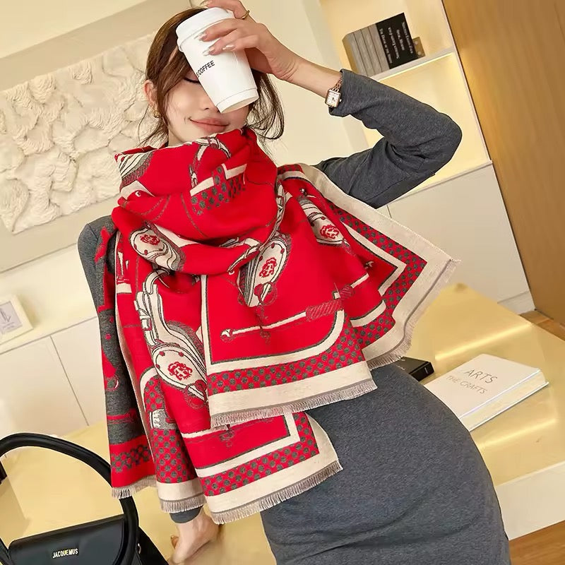 Luxury Women Limited Edition Horse Design Cashmere Touch Scarf - Warm Fringe Shawl