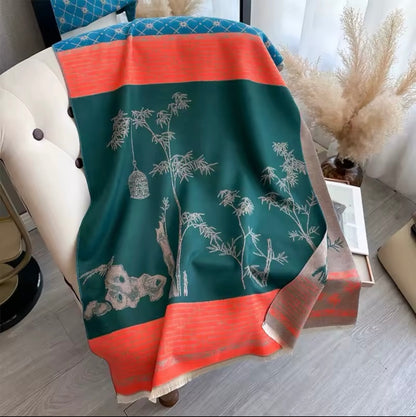 Luxury Women Floral Cashmere Touch Flower Scarf - Warm Fringe Shawl