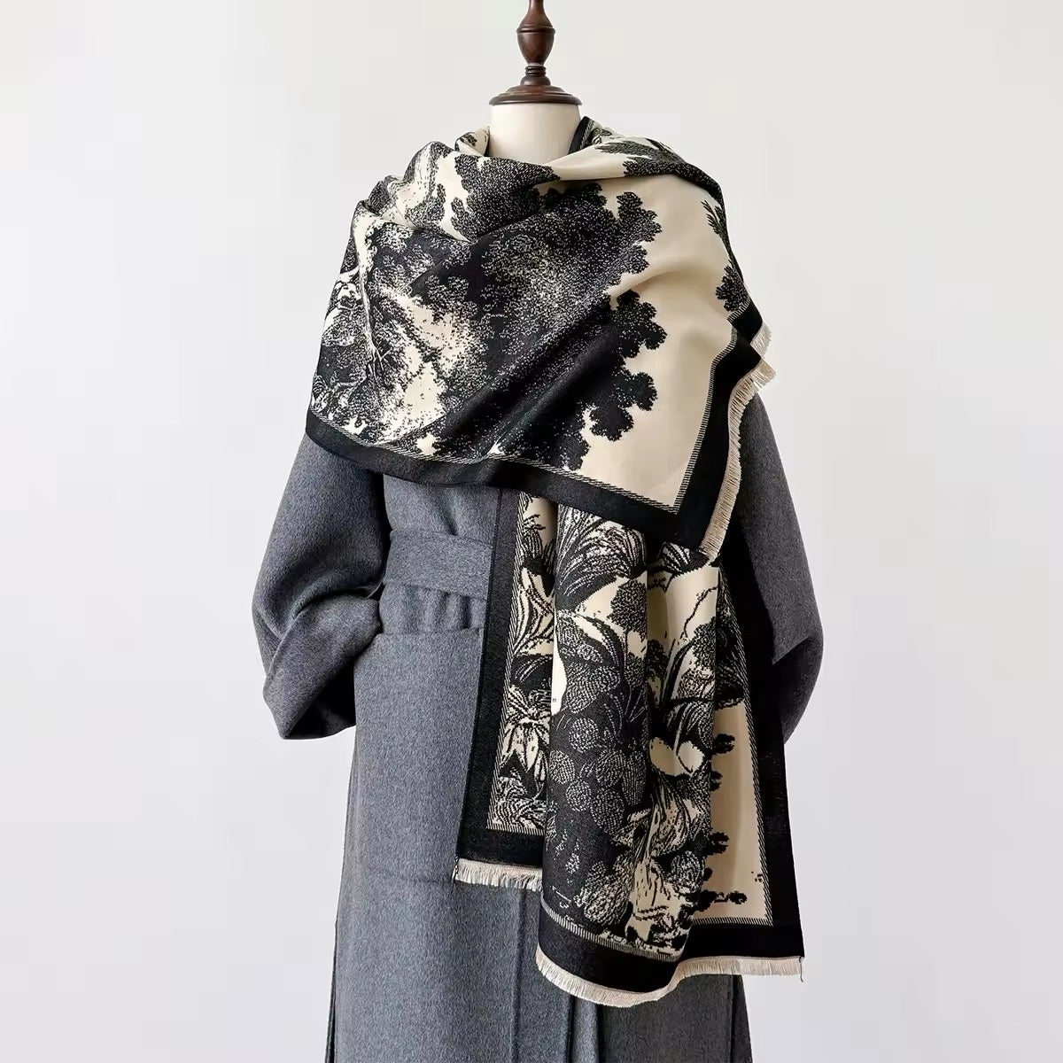 Luxury Women Floral Cashmere Touch Landscape Scarf - Warm Fringe Shawl