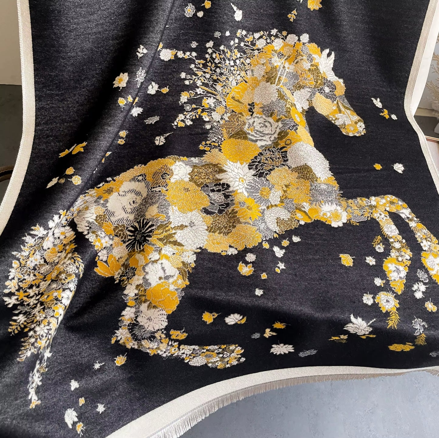 Luxury Women Limited Edition Horse Design  Cashmere Touch Scarf - Warm Fringe Shawl