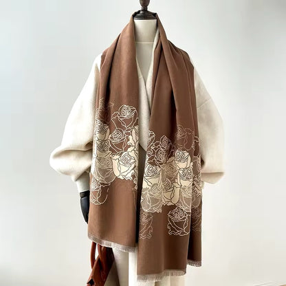 Luxury Women Floral Cashmere Touch Flower Scarf - Warm Fringe Shawl