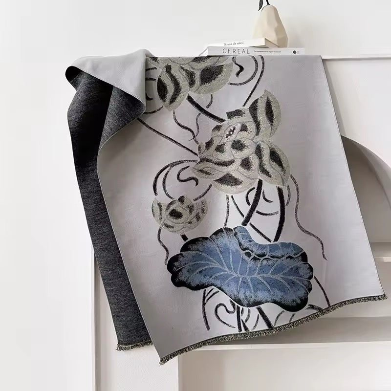 Luxury Women Floral Cashmere Touch Flower Scarf - Warm Fringe Shawl