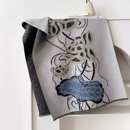 Luxury Women Floral Cashmere Touch Flower Scarf - Warm Fringe Shawl