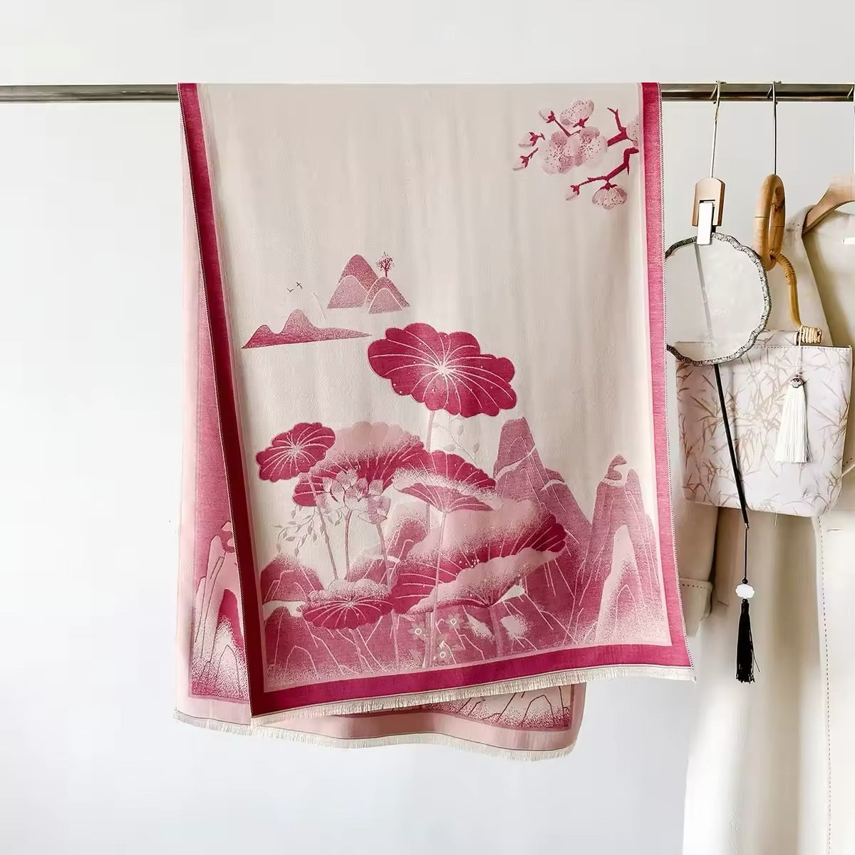 Luxury Women Floral Cashmere Touch Landscape Scarf - Warm Fringe Shawl