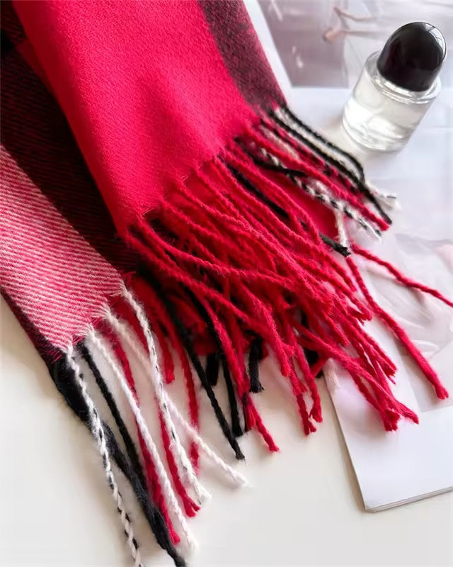 Men & Women Checked Pattern Cashmere Touch Scarf - Warm Fringe Shawl