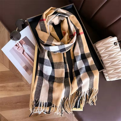Men & Women Checked Pattern Cashmere Touch Scarf - Warm Fringe Shawl