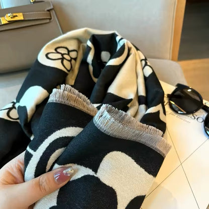 Luxury Women Limited Edition Floral Cashmere Touch Flower Scarf - Warm Fringe Shawl