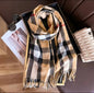 Men & Women Checked Pattern Cashmere Touch Scarf - Warm Fringe Shawl