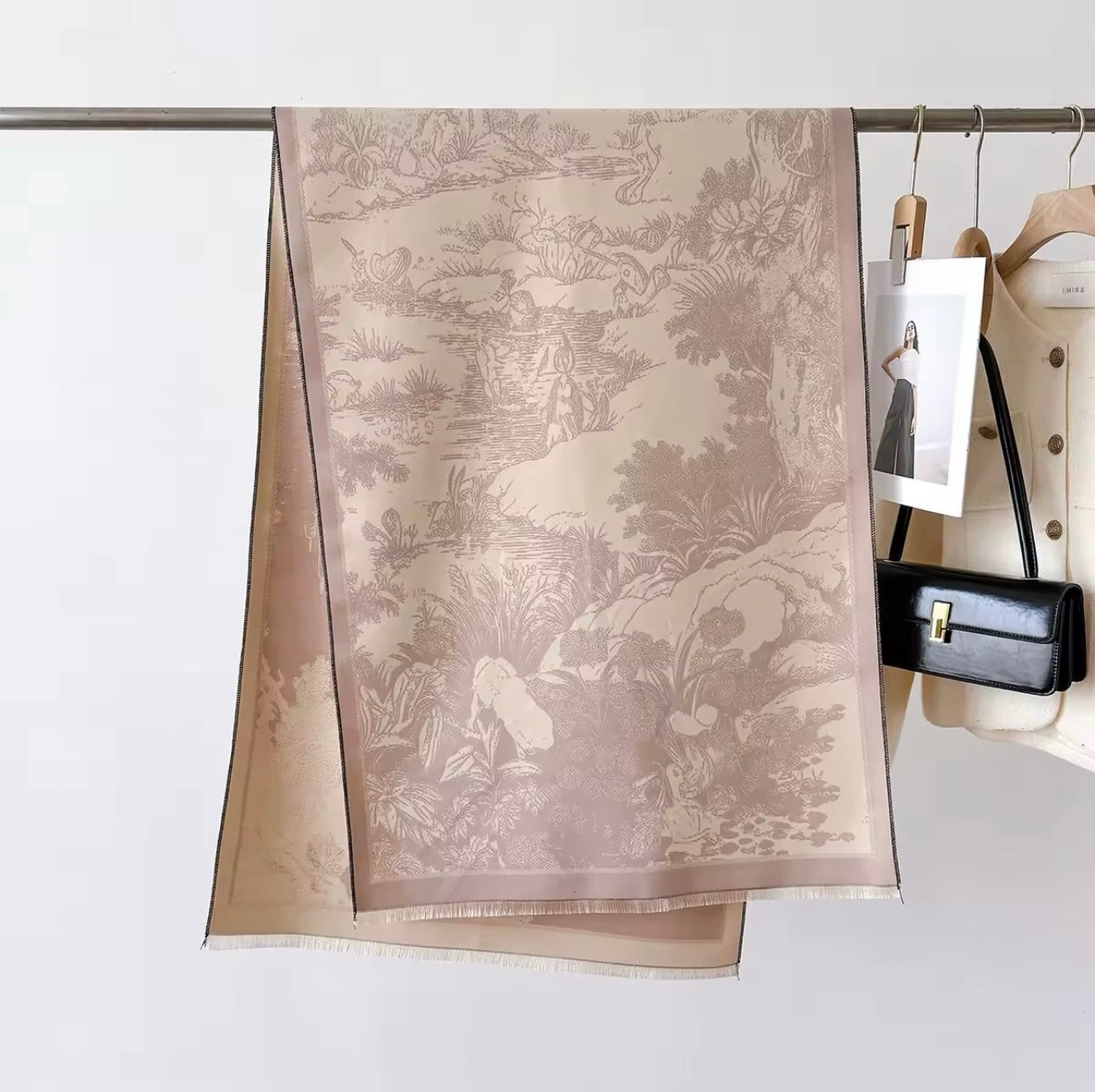 Luxury Women Floral Cashmere Touch Landscape Scarf - Warm Fringe Shawl