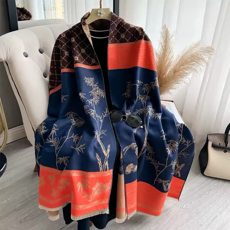 Luxury Women Floral Cashmere Touch Flower Scarf - Warm Fringe Shawl