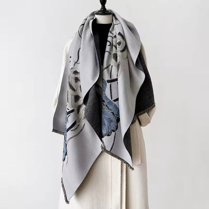 Luxury Women Floral Cashmere Touch Flower Scarf - Warm Fringe Shawl