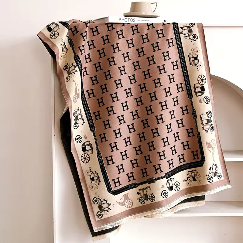 Luxury Women Limited Edition Horse Design Cashmere Touch Scarf - Warm Fringe Shawl