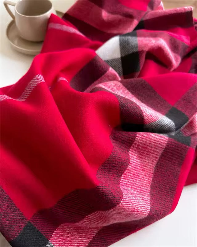 Men & Women Checked Pattern Cashmere Touch Scarf - Warm Fringe Shawl
