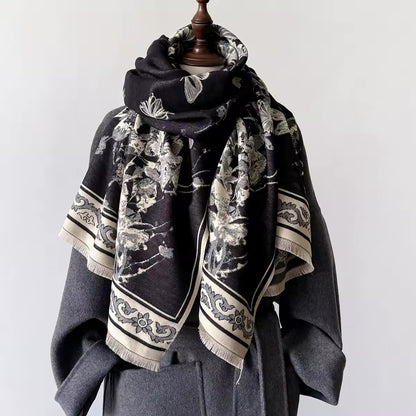 Luxury Women Floral Cashmere Touch Double Sided Butterfly Scarf - Warm Fringe Shawl