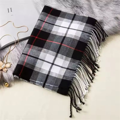 Men &  Women Checked Pattern Cashmere Touch Scarf - Warm Fringe Shawl
