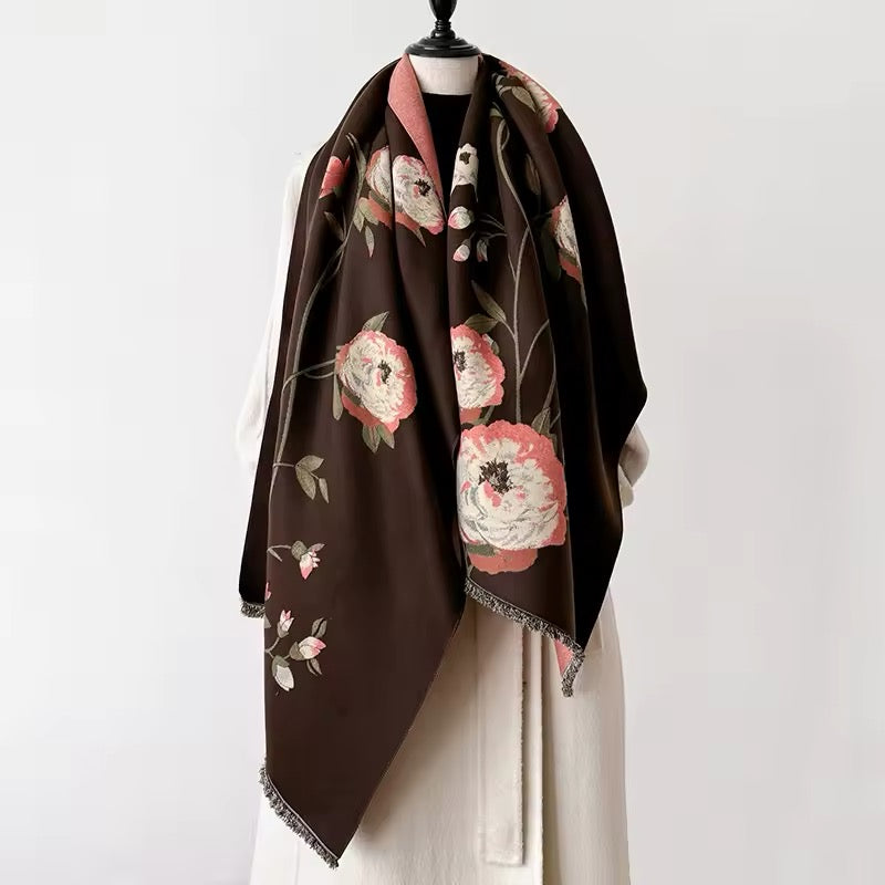 Luxury Women Floral Cashmere Touch Flower Scarf - Warm Fringe Shawl