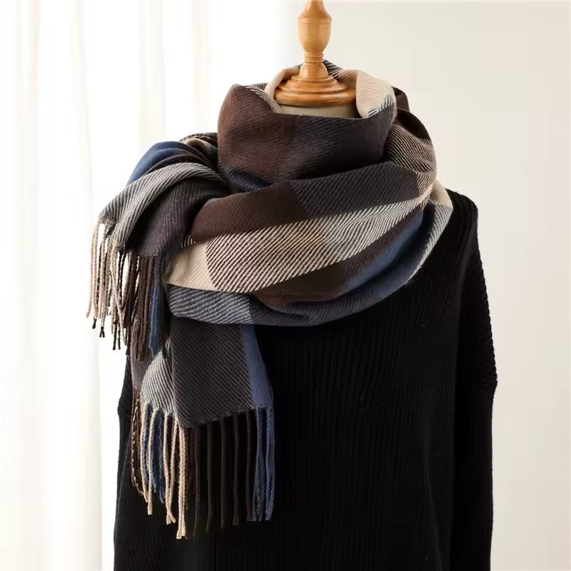 Men & Women Checked Pattern Cashmere Touch Scarf - Warm Fringe Shawl