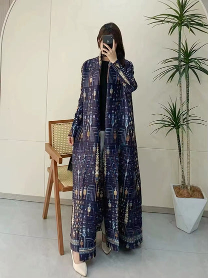 Women Split Abaya Vintage Printed Design Lapel Long Sleeved Open Front Cardigan Loose Big Collar