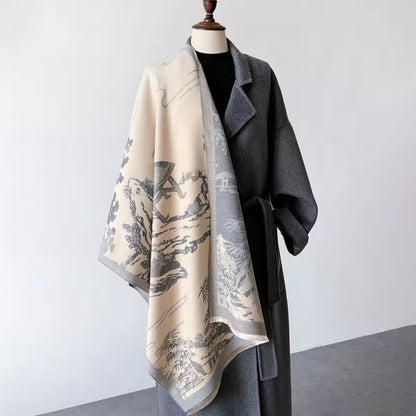 Luxury Women Floral Cashmere Touch Landscape Scarf - Warm Fringe Shawl