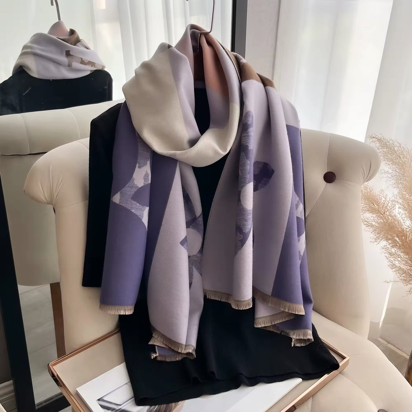 Luxury Women Floral Cashmere Touch Flower Scarf - Warm Fringe Shawl