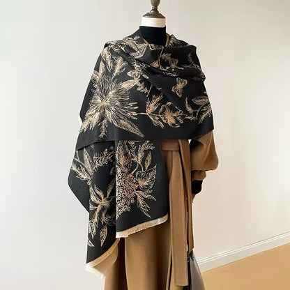 Luxury Women Floral Cashmere Touch Double Sided Flower Scarf - Warm Fringe Shawl